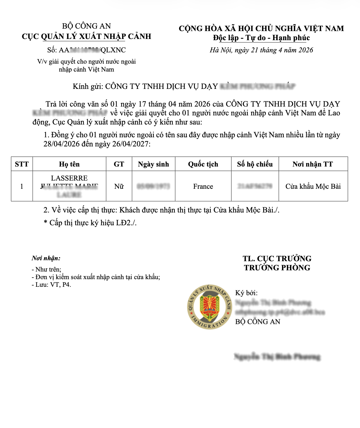 công văn chấp thuận nhập cảnh tại Mộc Bài