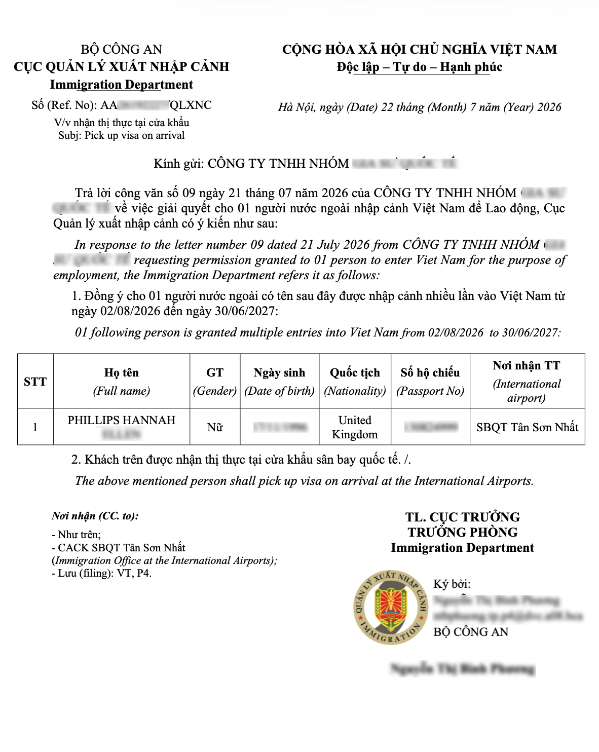 Vietnam visa approval letter