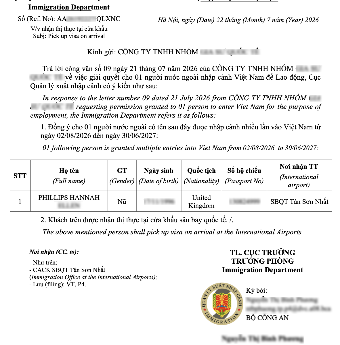 công văn chấp thuận nhập cảnh tại sân bay
