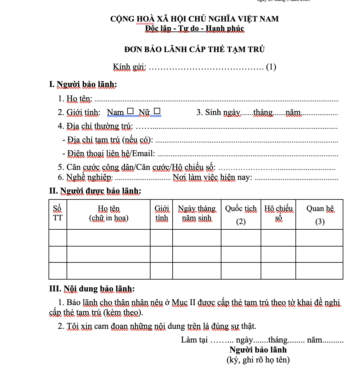 Mẫu NA7 - Đơn bảo lãnh cấp thẻ tạm trú