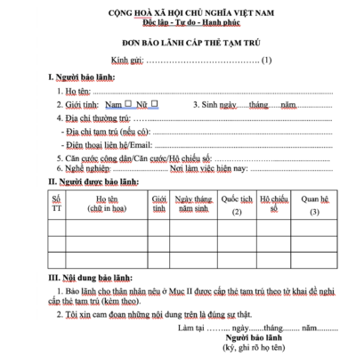 Mẫu NA7 - Đơn bảo lãnh cấp thẻ tạm trú