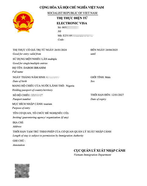 Mẫu Việt Nam evisa